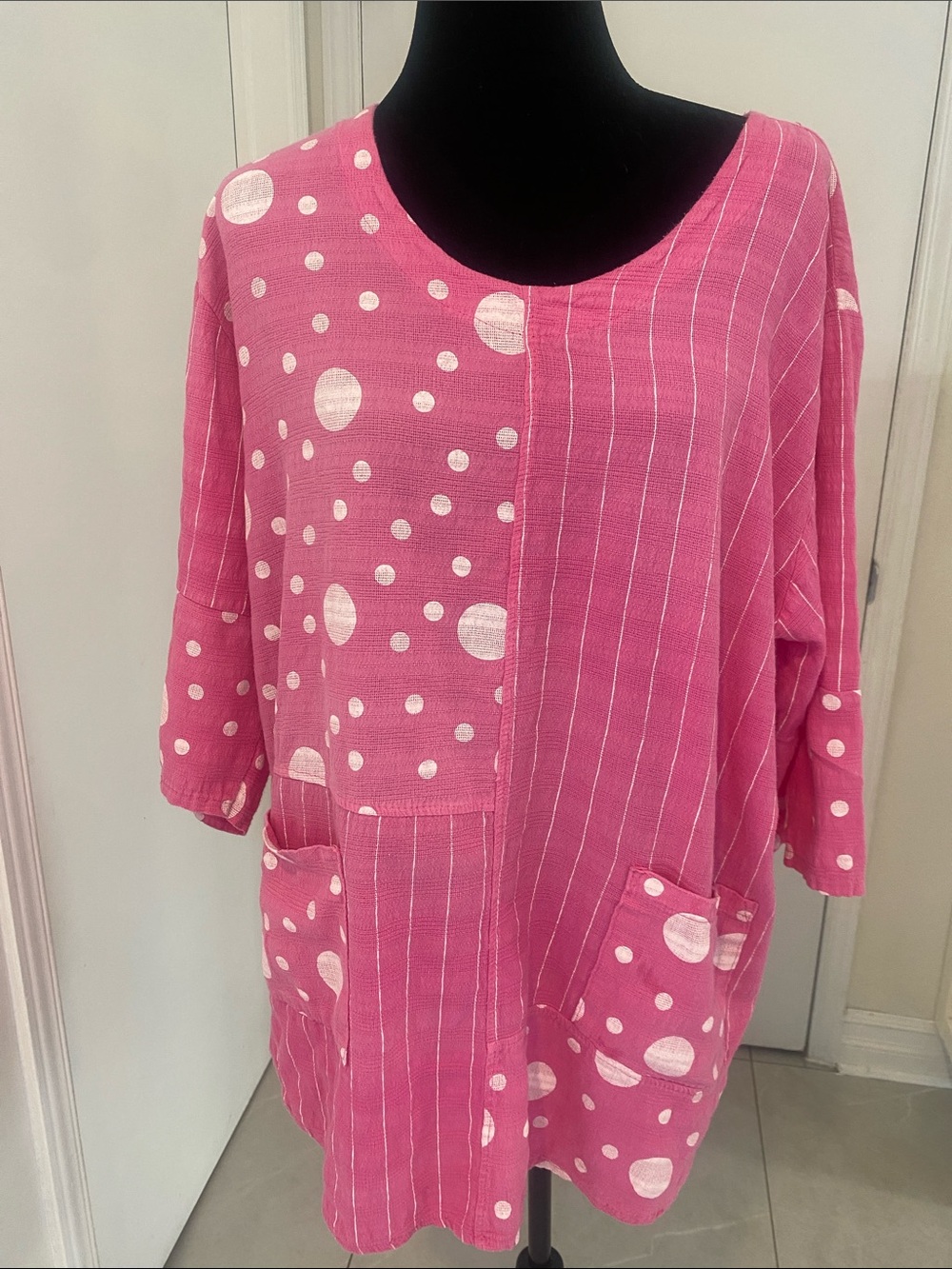 FROCCELLA COTTON Pink & White Polka Dot/Striped Tunic w pockets Size Large